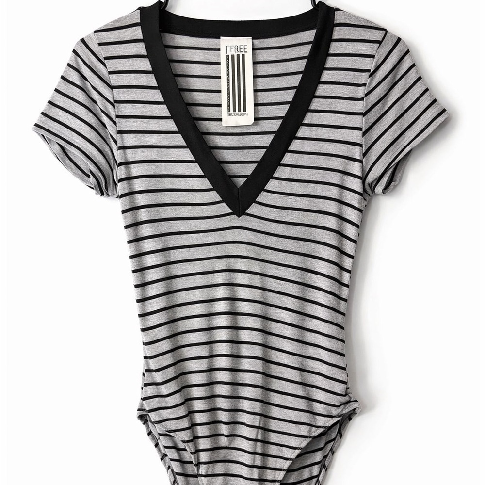 Free People Gray Black Striped V-Neck Bodysuit XS Stretchy Fitted Top